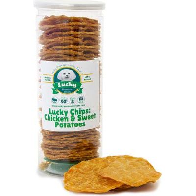 Premio Lucky Chips de pollo y boniato para perros, frasco de 170 g