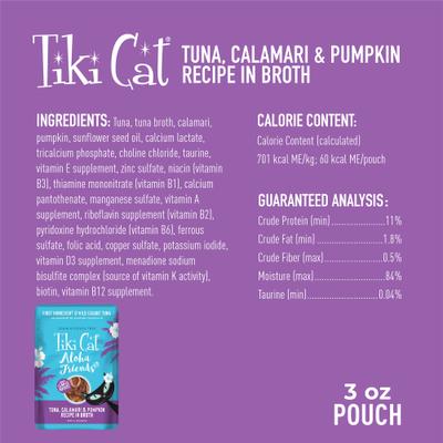 Aloha Friends Tuna, Calamari & Pumpkin Recipe in Broth Grain-Free Wet Cat Food, 3-oz pouch, case of 12