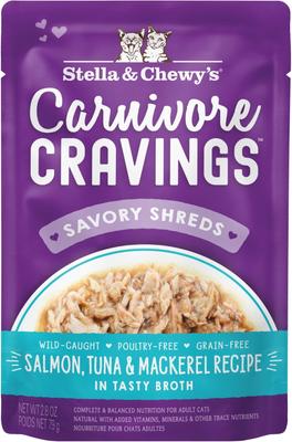 Carnivore Cravings Tuna & Pumpkin Flavored Shredded Wet Cat Food, 2.8-oz pouch, case of 24