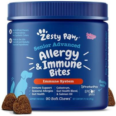Bocados masticables blandos con sabor a salmón Advanced Allergy & Immune Bites para alergias, sistema inmunitario y piel, suplemento para perros mayores (180 unidades)