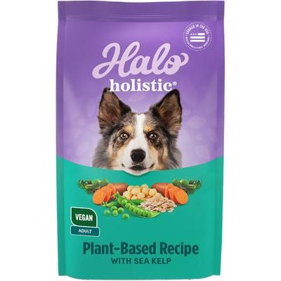 Paquete: Comida enlatada Halo Holistic Garden of Vegan Recipe, 13 oz, caja de 12 + Comida seca para perros vegana Complete Digestive Health Plant-Based Recipe con algas marinas, bolsa de 21 lb
