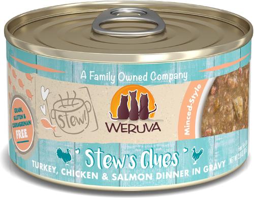 Classic Cat Stew's Clues Turkey, Chicken & Salmon in Gravy Stew Wet Canned Cat Food, 2.8-oz can, case of 12