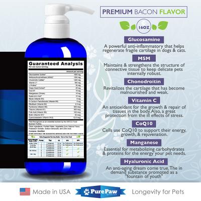 Suplemento líquido de glucosamina Premium Dream para el apoyo articular de perros y gatos, sabor a tocino, 473 ml (16 onzas líquidas)