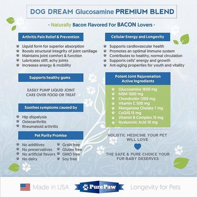 Suplemento líquido de glucosamina Premium Dream para el apoyo articular de perros y gatos, sabor a tocino, 473 ml (16 onzas líquidas)