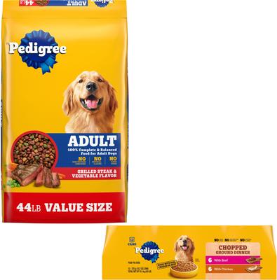 Bundle: Pedigree Complete Nutrition Grilled Steak & Vegetable Flavor Dry Food + Chopped Ground Dinner Variety Pack with Beef & Chicken Canned Dog Food