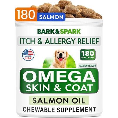 Alivio de alergias y picazón con Omega 3 para piel y pelaje con aceite de salmón, suplemento masticable para perros y gatos, 180 unidades