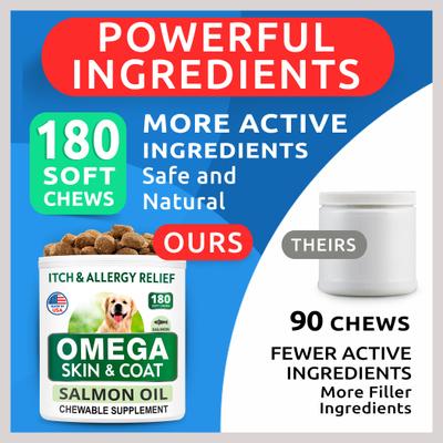Allergy Relief & Itch Relief with Omega 3 Skin & Coat with Salmon Oil Chew Supplement for Dogs & Cats, 180 count