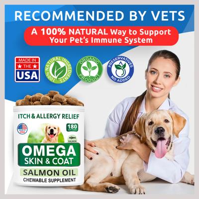 Alivio de alergias y picazón con Omega 3 para piel y pelaje con aceite de salmón, suplemento masticable para perros y gatos, 180 unidades