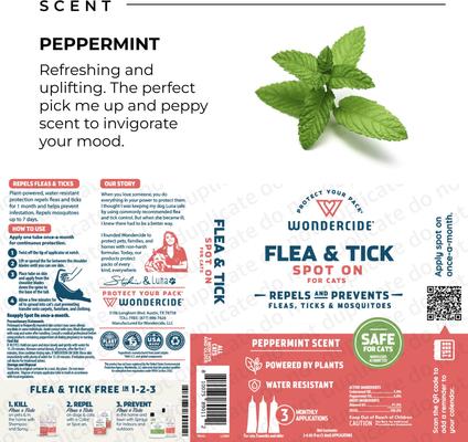 Spot-On Flea & Tick Repellent with Natural Essential Oils for Cats, Peppermint, 3 doses (3-month supply)
