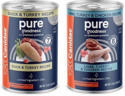Bundle: CANIDAE PURE Limited Ingredient Duck & Turkey Recipe + Lamb, Turkey & Chicken Recipe Canned Dog Food