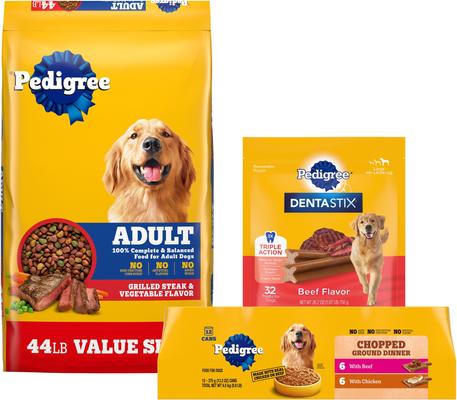 Bundle: Dog Food & Treats Starter Pack - Pedigree Steak & Vegetable Dry Food, Beef & Chicken Canned Food, Beef Dental Treats