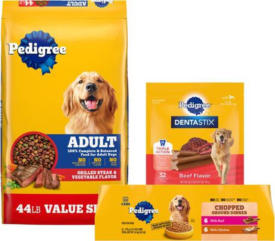 Bundle: Dog Food & Treats Starter Pack - Pedigree Steak & Vegetable Dry Food, Beef & Chicken Canned Food, Beef Dental Treats
