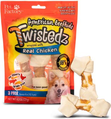 Twistedz 4 to 5-inch Beefhide Bones with Chicken Flavored Wrap Dog Hard Chews, 3 count