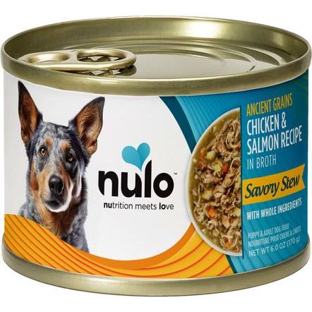 Nulo, Savory Stews Ancient Grains Chicken & Mackerel, Pollo + Caballa + Calabaza + Quinoa Roja en Caldo, Cachorros y Adultos, 170 g × 8 latas