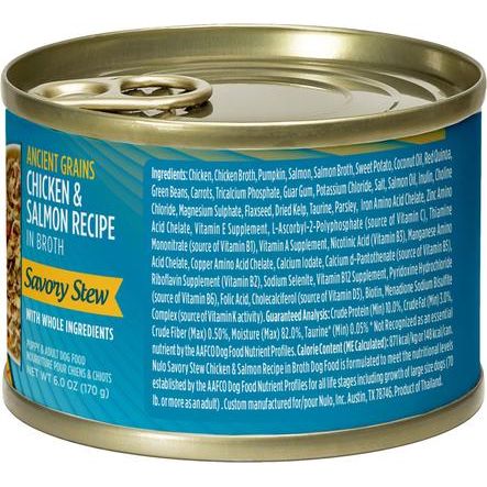 Nulo, Savory Stews Ancient Grains Chicken & Salmon, Pollo + Salmón + Calabaza + Quinoa Roja en Caldo, Cachorros y Adultos, 170 g × 8 latas