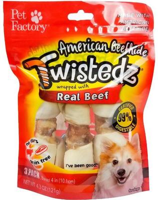 Twistedz 4 to 5-inch Beefhide Bones with Beef Flavored Wrap Dog Hard Chews, 3 count