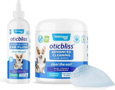 Bundle: Vetnique Labs Oticbliss Medicated Ear Rinse Cleanser, 12-oz bottle + Advanced Cleaning, Soothing, & Medicated Dog & Cat Ear Wipes, 100 count