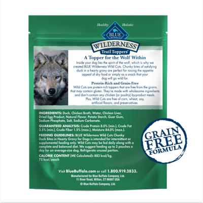 Wilderness Trail Toppers Wild Cuts Chunky Duck Bites en salsa abundante, aderezo para comida para perros sin cereales, 3 oz, caja de 24