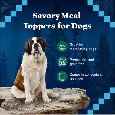 Wilderness Trail Toppers Wild Cuts Chunky Duck Bites en salsa abundante, aderezo para comida para perros sin cereales, 3 oz, caja de 24