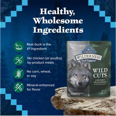Wilderness Trail Toppers Wild Cuts Chunky Duck Bites en salsa abundante, aderezo para comida para perros sin cereales, 3 oz, caja de 24