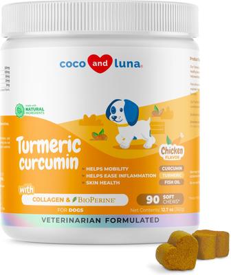 Coco and Luna Turmeric Curcumin with Collagen, BioPerine & Fish Oil Soft Chew Joint Supplement for Dogs, 90 count