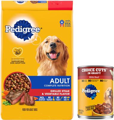 Paquete: Alimento seco para perros Pedigree Adult Complete Nutrition con sabor a carne + Alimento húmedo blando enlatado con cortes selectos en salsa, con carne de res