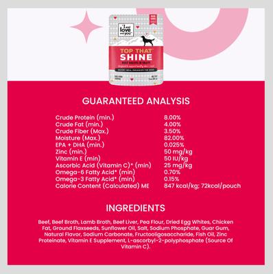 Top That Shine Beef Recipe Grain-Free Dog Food Topper, 3-oz pouch, case of 12