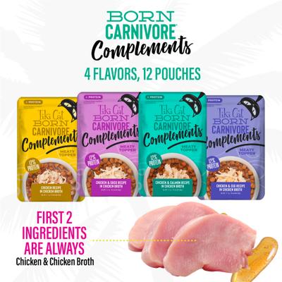 Born Carnivore Complements Variety Pack Grain-Free Wet Cat Food Topper, bolsa de 2.1 oz, caja de 12