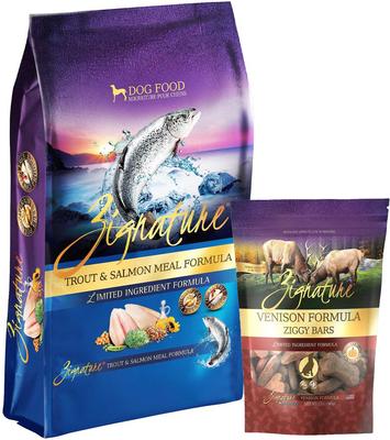 Paquete: Alimento seco para perros Zignature con fórmula de ingredientes limitados y sin cereales, para trucha y salmón (bolsa de 11.3 kg) + Zignature Grain-Free Venison Formula Ziggy Bars Biscuit Treats (bolsa de 355 g)