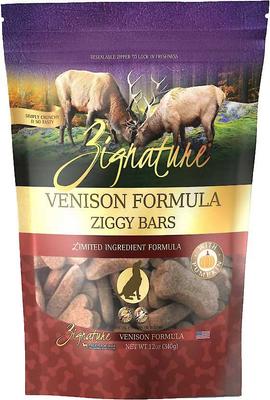 Paquete: Alimento seco para perros Zignature con fórmula de ingredientes limitados y sin cereales, para trucha y salmón (bolsa de 11.3 kg) + Zignature Grain-Free Venison Formula Ziggy Bars Biscuit Treats (bolsa de 355 g)