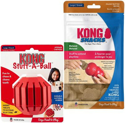 Paquete: Juguete para perros KONG Stuff a Ball, grande + premios grandes para perros KONG Stuff'N Peanut Butter Snacks, 325 g