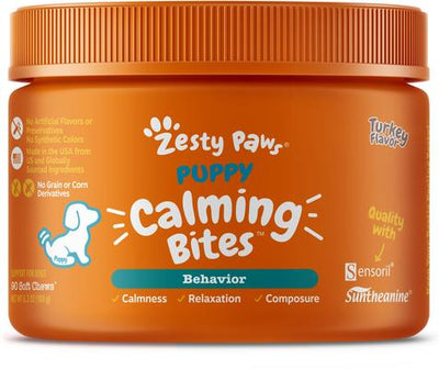 Bundle: Zesty Paws Puppy Calming Bites Behavior Turkey Flavor Soft Chew Supplement, 90 count + All-in-One Bacon Dog Treats
