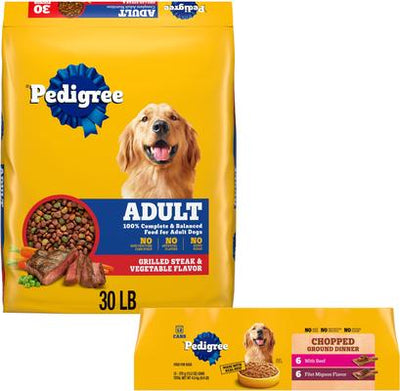 Paquete: Alimento seco Pedigree Complete Nutrition con sabor a filete a la parrilla y vegetales + Paquete variado de alimento húmedo enlatado para perros con sabor a filete miñón y carne picada
