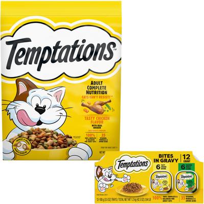 Bundle: Temptations Bites in Gravy Flavor Variety Wet Food + Chicken Dry Cat Food