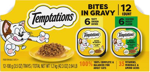 Bundle: Temptations Bites in Gravy Flavor Variety Wet Food + Chicken Dry Cat Food