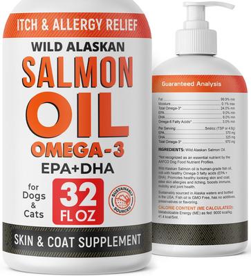 Salmon Oil & Cats & Itch & Allergy Relief Skin & Coat with Omega 3 Supplement for Dogs, 32-fl oz bottle