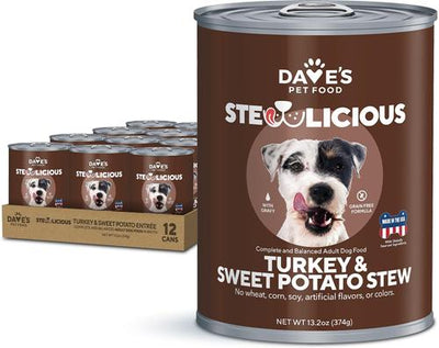 Comida húmeda enlatada para perros Stewlicious de pavo y batata, sin cereales, 13.2 oz (caja de 12)