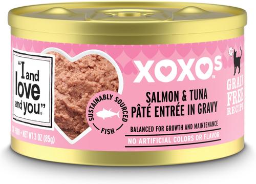 Comida enlatada para gatos sin cereales XOXO Salmon & Tuna Pate, lata de 3 oz, caja de 24