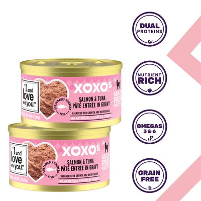 Comida enlatada para gatos sin cereales XOXO Salmon & Tuna Pate, lata de 3 oz, caja de 24