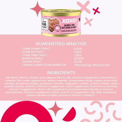Comida enlatada para gatos sin cereales XOXO Salmon & Tuna Pate, lata de 3 oz, caja de 24
