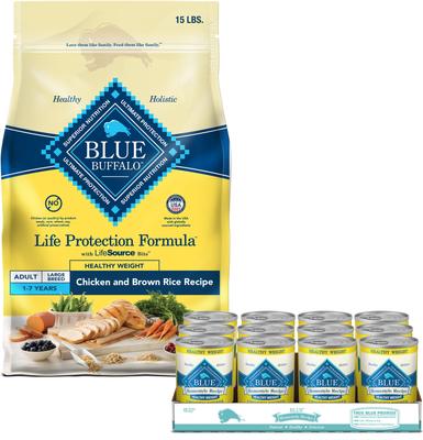 Bundle: Blue Buffalo Life Protection Formula Healthy Weight Adult Chicken & Brown Rice Recipe Dry Dog Food, 15-lb bag + Blue Buffalo Homestyle Recipe Healthy Weight Chicken Dinner with Garden Vegetables & Brown Rice Canned Dog Food, 12.5-oz, case of 12