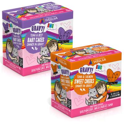Bundle: BFF Tuna & Salmon Sweet Cheeks Dinner in Gravy + Tuna & Beef Baby Cakes Dinner in Gravy Wet Cat Food Pouches