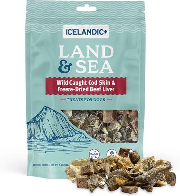Premios liofilizados para perros Land & Sea de piel de bacalao e hígado de res, bolsa de 2.4 oz