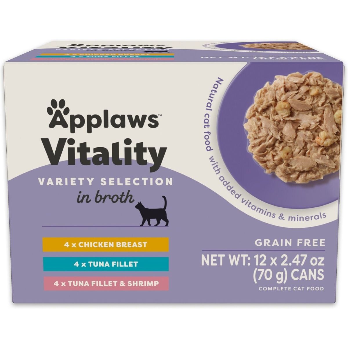Vitality Alimento Húmedo, Vitality Atún Variety Pack Broth Selection Grain Free en Broth. 70 g, caja de 12. - Applaws