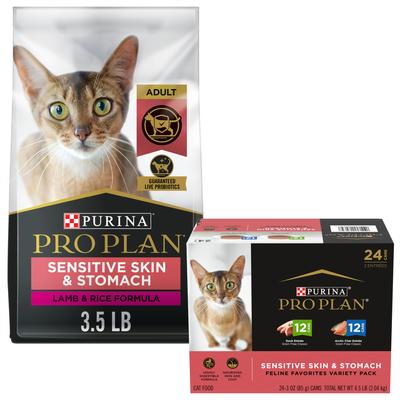 Bundle: Purina Pro Plan Adult Sensitive Skin & Stomach Lamb & Rice Formula Dry Food, 3.5-lb bag + Focus Sensitive Skin & Stomach Duck & Arctic Char Variety Pack Canned Cat Food
