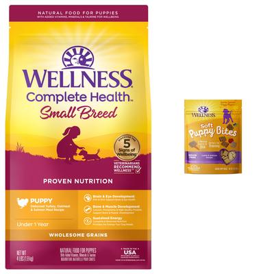 Paquete: Alimento seco para perros Wellness Small Breed Complete Health Puppy con receta de pavo, avena y salmón (bolsa de 4 lb) + Premios Wellness Soft Puppy Bites con receta de cordero y salmón sin cereales (bolsa de 3 oz)