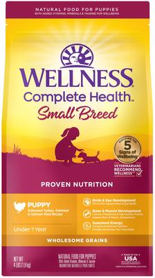 Paquete: Alimento seco para perros Wellness Small Breed Complete Health Puppy con receta de pavo, avena y salmón (bolsa de 4 lb) + Premios Wellness Soft Puppy Bites con receta de cordero y salmón sin cereales (bolsa de 3 oz)