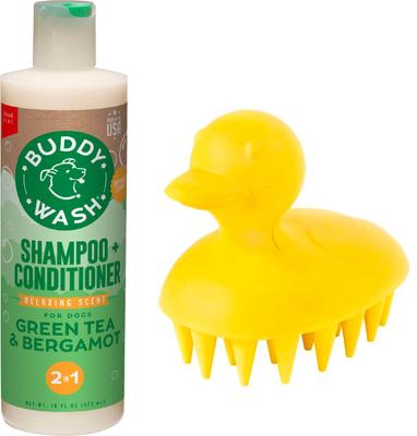 Bundle: Buddy Wash Relaxing Green Tea & Bergamot Dog Shampoo & Conditioner, 16-oz bottle + Frisco Rubber Duckie Dog & Cat Curry Brush