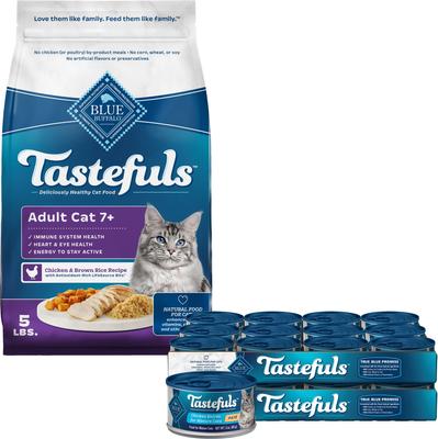 Bundle: Blue Buffalo Healthy Aging Chicken & Brown Rice Recipe Mature Dry Food + Tastefuls Chicken Entrée Mature Cats Pate Wet Cat Food