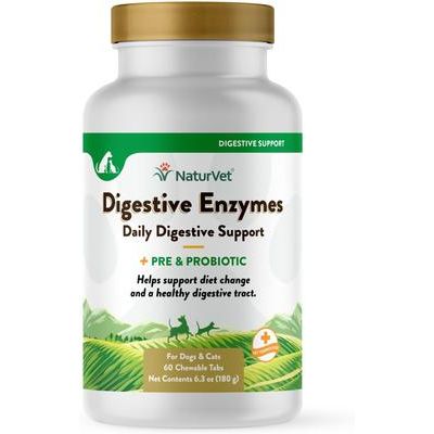NaturVet, Digestive Enzymes con prebióticos y probióticos, tabletas digestivas sabor tocino ahumado para perros y gatos, 60 / 90 tabletas